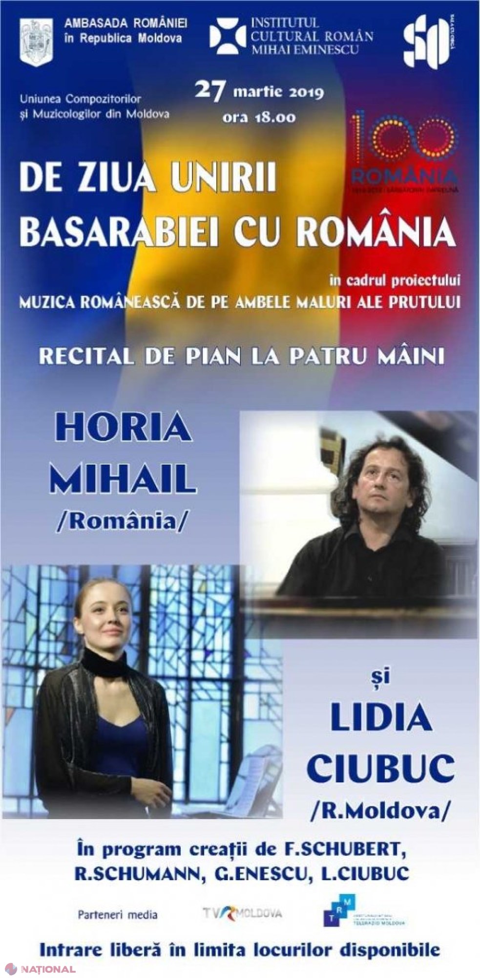 Concert de ziua Unirii Basarabiei cu România. Recital de pian la patru mâini – Horia Mihail din România și Lidia Ciubuc din R. Moldova