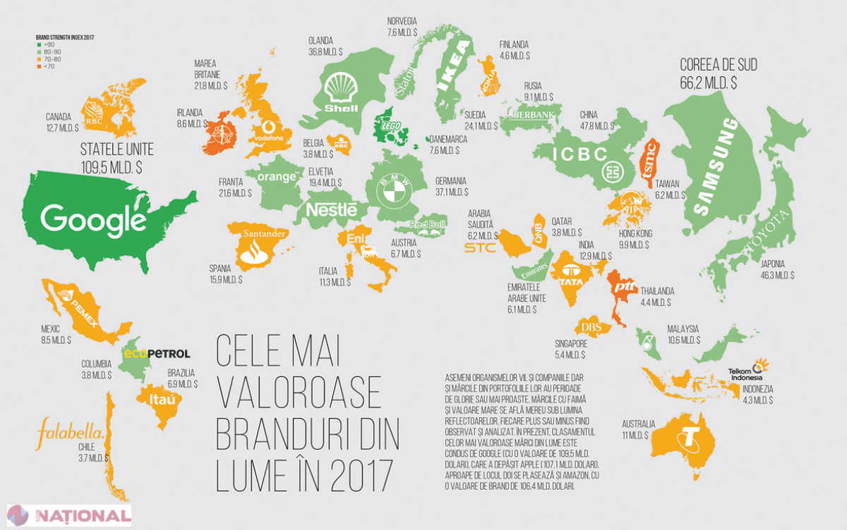 HARTĂ // Cele mai VALOROASE branduri în 2017 din întreaga lume: Google le bate pe toate