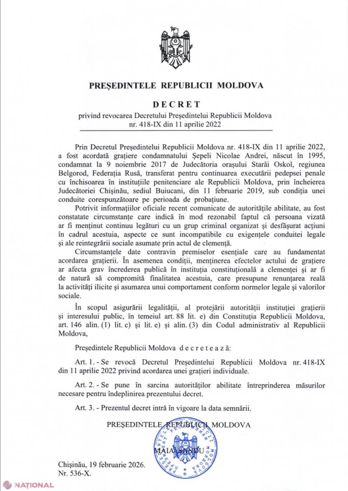 Președinția R. Moldova ANULEAZĂun decret de grațiere. Cine este persoana care va reveni în PUȘCĂRIE