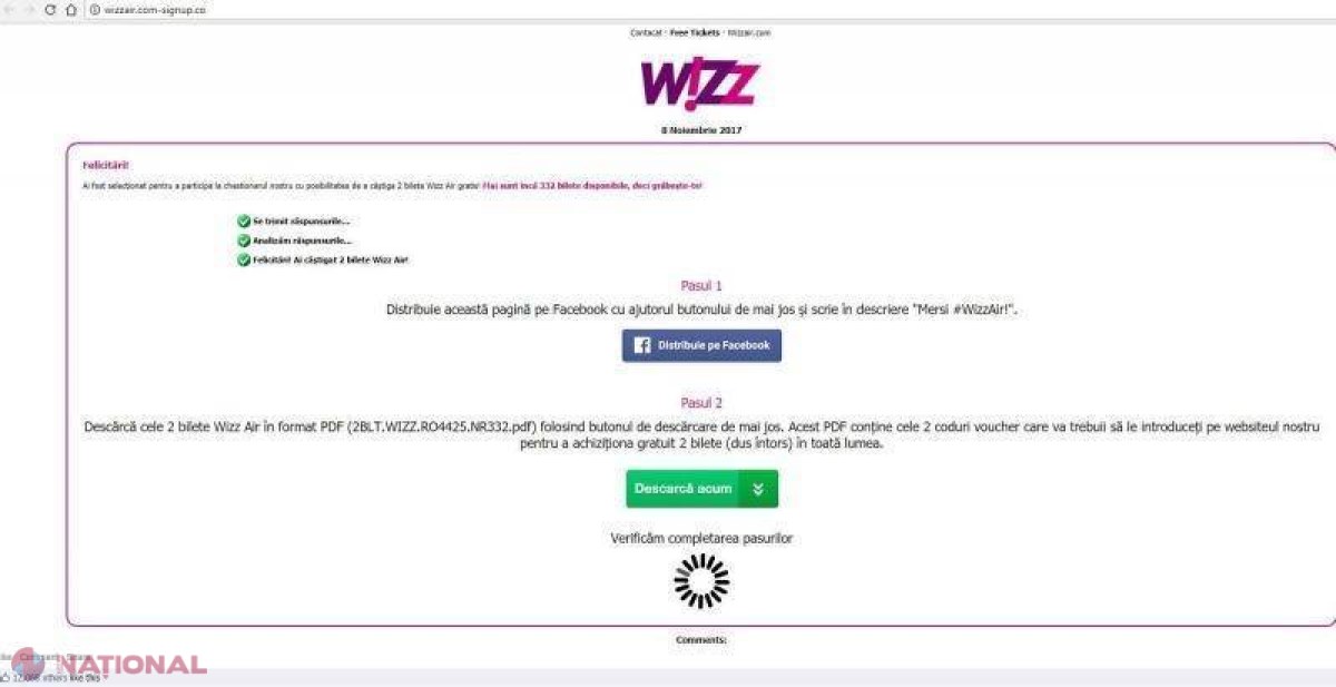 AVERTISMENT: Țeapa cu bilete gratuite la Wizz Air care circulă pe Facebook