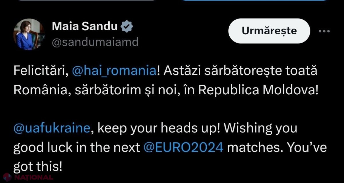 Maia Sandu, după victoria naționalei de fotbal a României împotriva Ucrainei: ,,Astăzi sărbătorește toată România, sărbătorim și noi, în R. Moldova