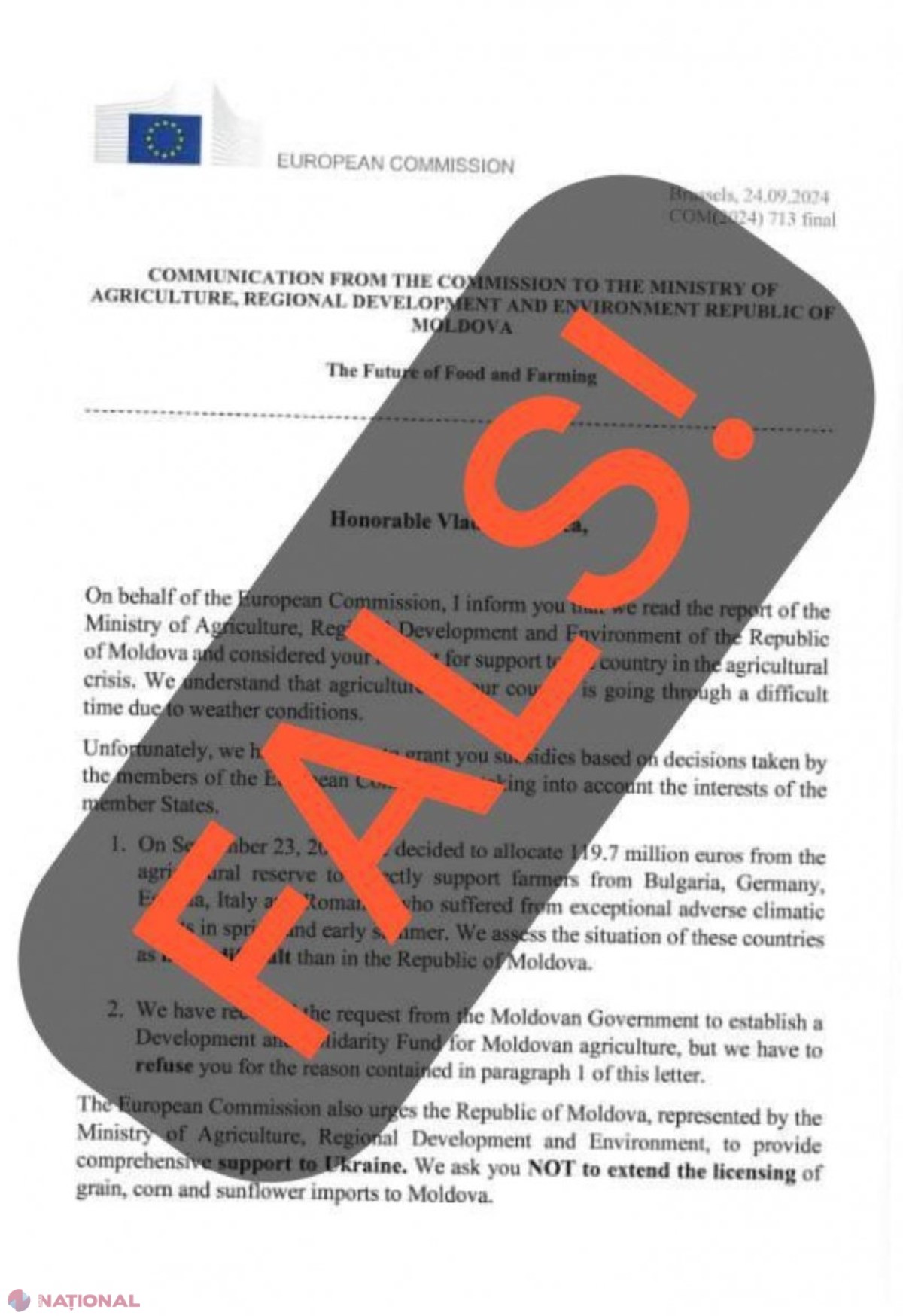 Scrisoare FALSĂ // Guvernul dezminte informația potrivit căreia Comisia Europeană a răspuns deja la solicitarea autorităților de la Chișinău de a ajuta agricultorii din R. Moldova 