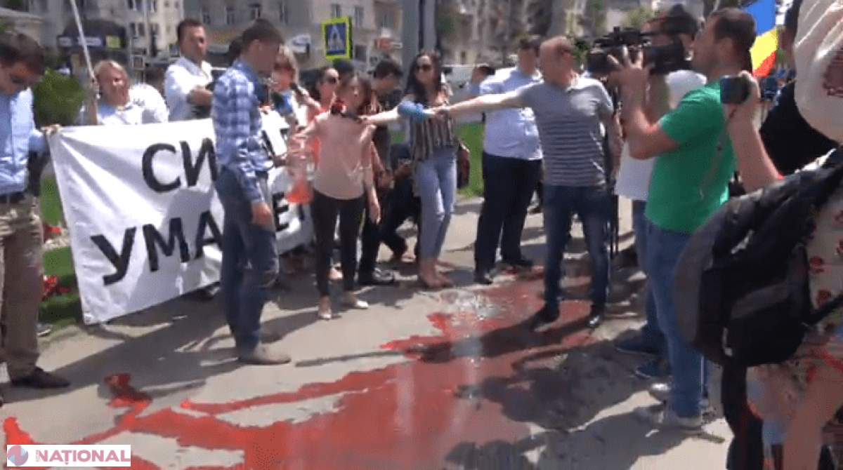 VIDEO // Sânge, bani și „teroriști”, în fața Ambasadei Federației Ruse la Chișinău