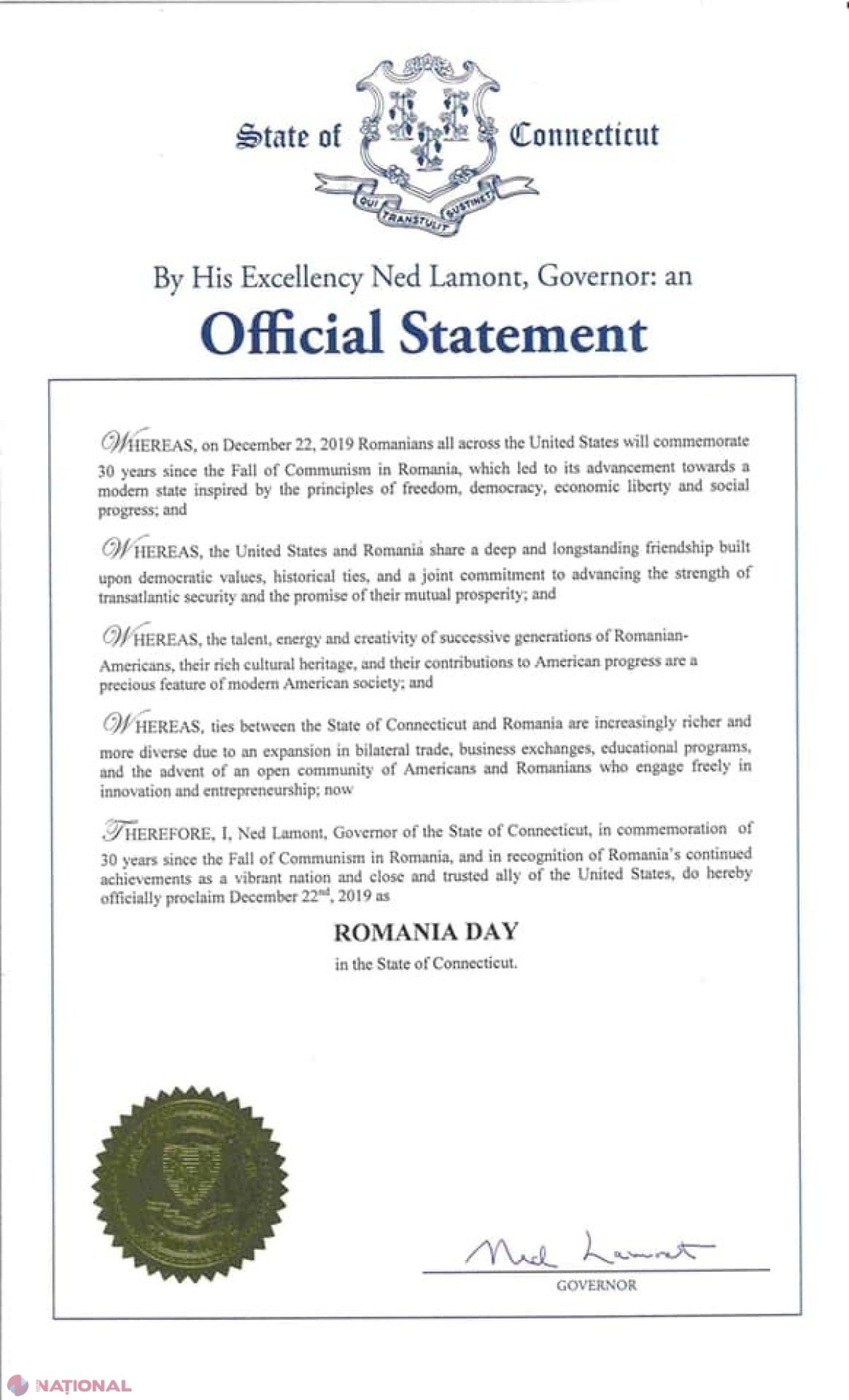 Guvernatorul statului american Connecticut a proclamat ziua de 22 decembrie drept „Ziua României” pentru a celebra 30 de ani de la Revoluția Română din 1989