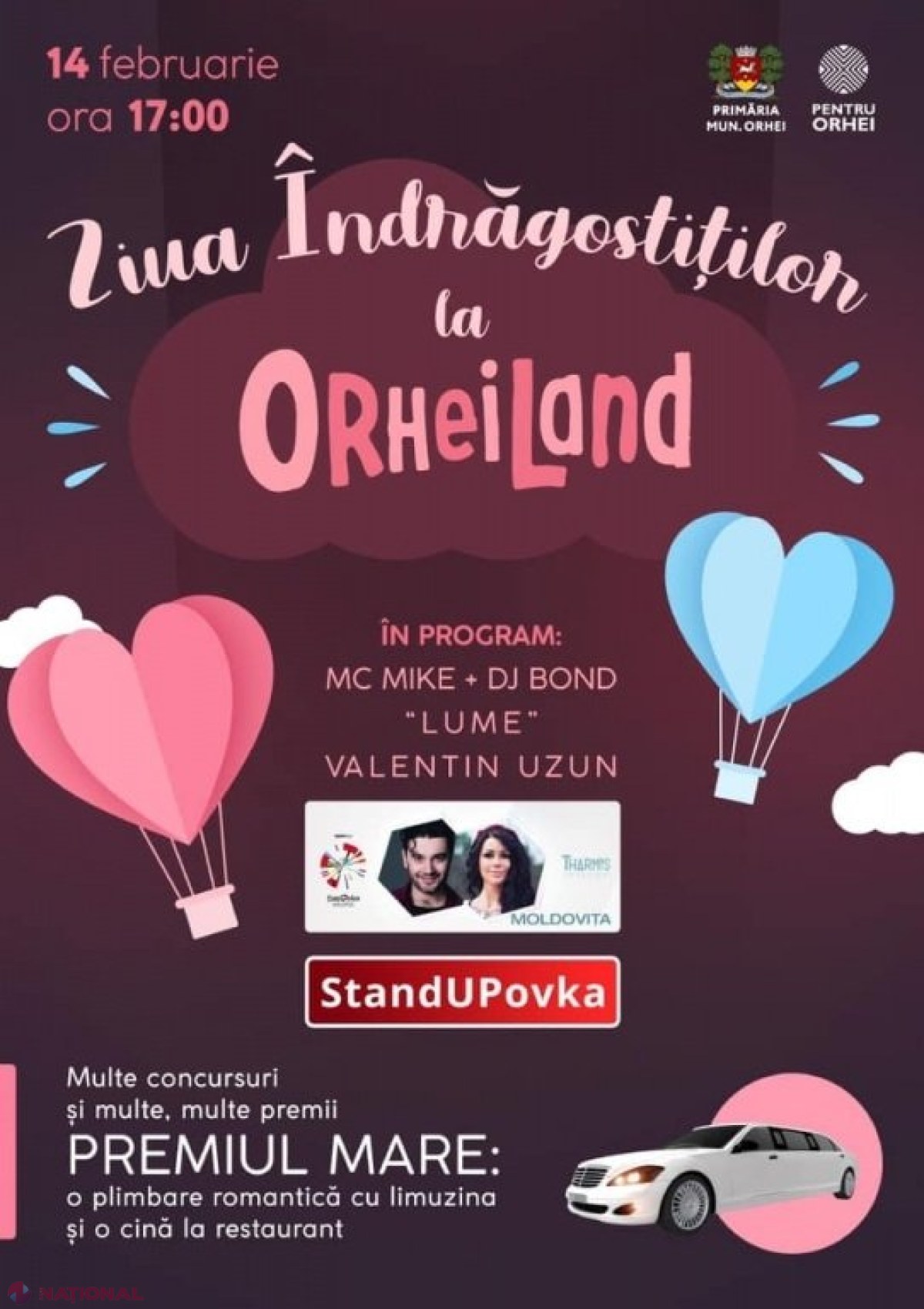 Surpriza „OrheiLandului” de Ziua Îndrăgostiților - o plimbare romantică cu LIMUZINA și o cină romantică la restaurant. Sărbătoarea va începe la ora 17:00 și va continua până seara târziu
