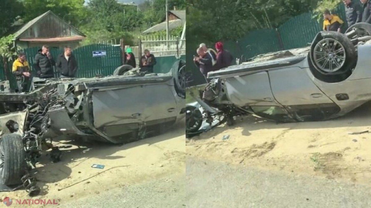 VIDEO // Accident „spectaculos” în Hâncești: Un „BMW” inversat și fără roți, în mijlocul drumului