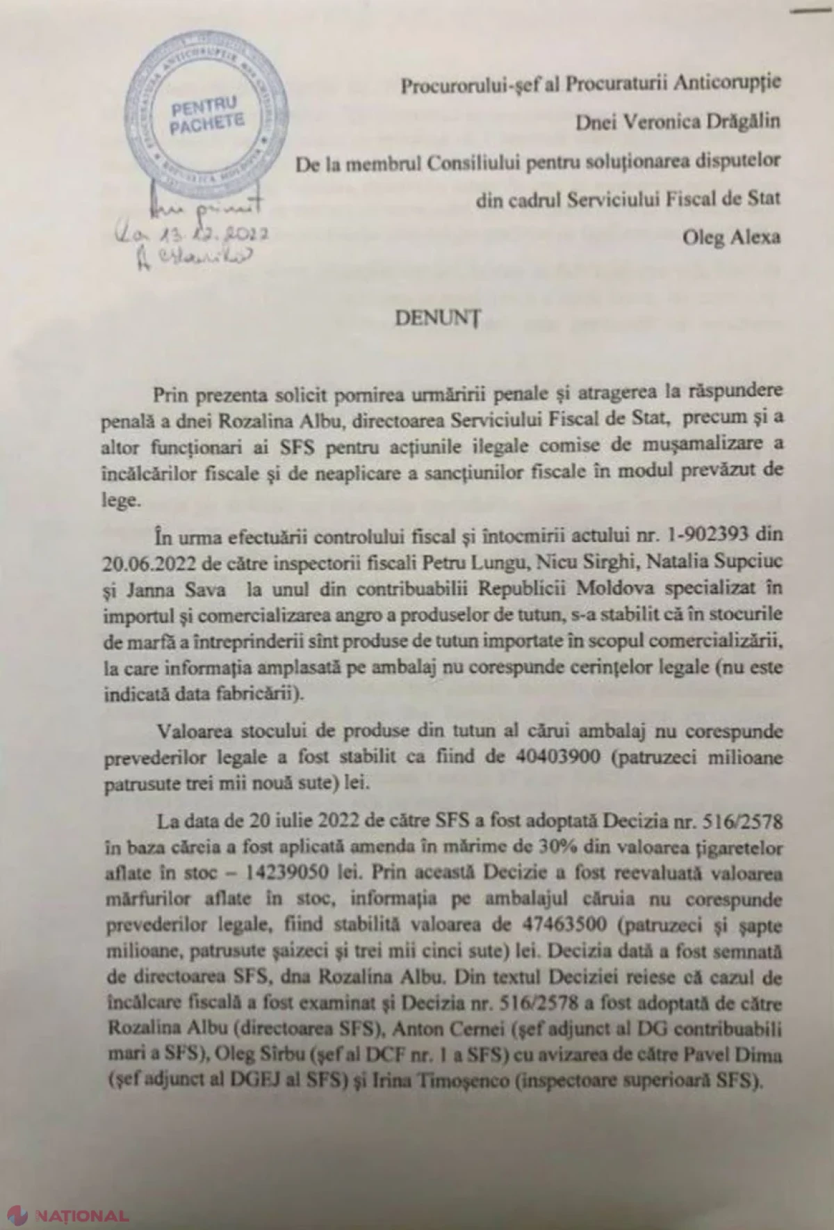 DOC // Șefa SFS, acuzată că ar fi prejudiciat statul cu circa 100 de MILIOANE de lei. Un membru al Consiliului pentru soluționarea disputelor din cadrul SFS a depus un DENUNȚ la Procuratura Anticorupție