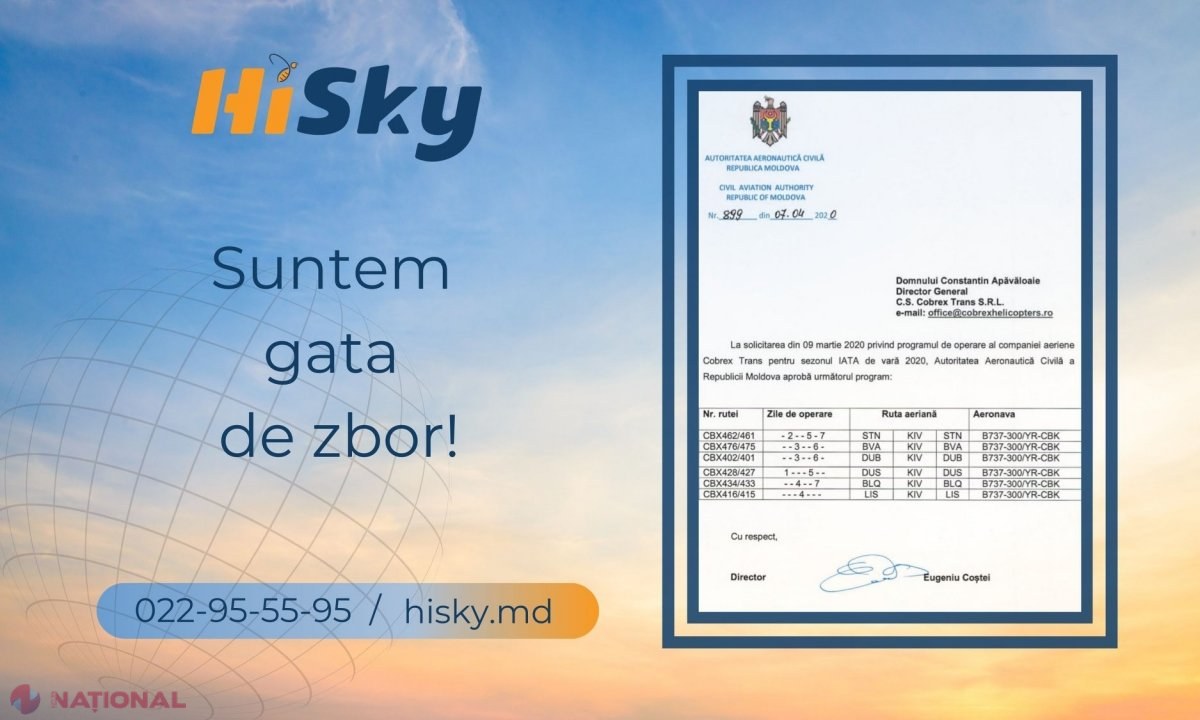 DECIS // Încă o companie aviatică din R. Moldova a primit UNDĂ VERDE pentru a efectua zboruri începând cu 1 iunie curent. AAC a semnat toate actele necesare
