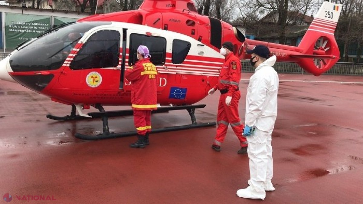 VIDEO // O femeie cu arsuri grave pe corp, transportată de urgență cu un elicopter al SMURD Iași de la Fălești la Chișinău 