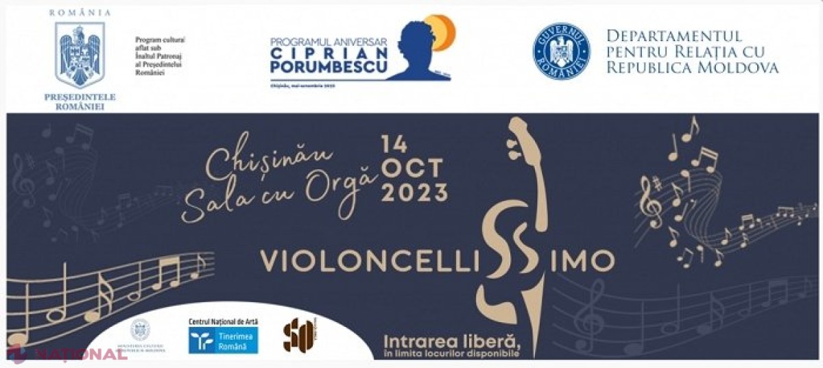 „Violoncellissimo”, ansamblul alcătuit din cei mai buni tineri violonceliști din România, concert de excepție la Chișinău, în cadrul Programului Aniversar „Ciprian Porumbescu”, organizat de DRRM: Intrarea pentru public este liberă