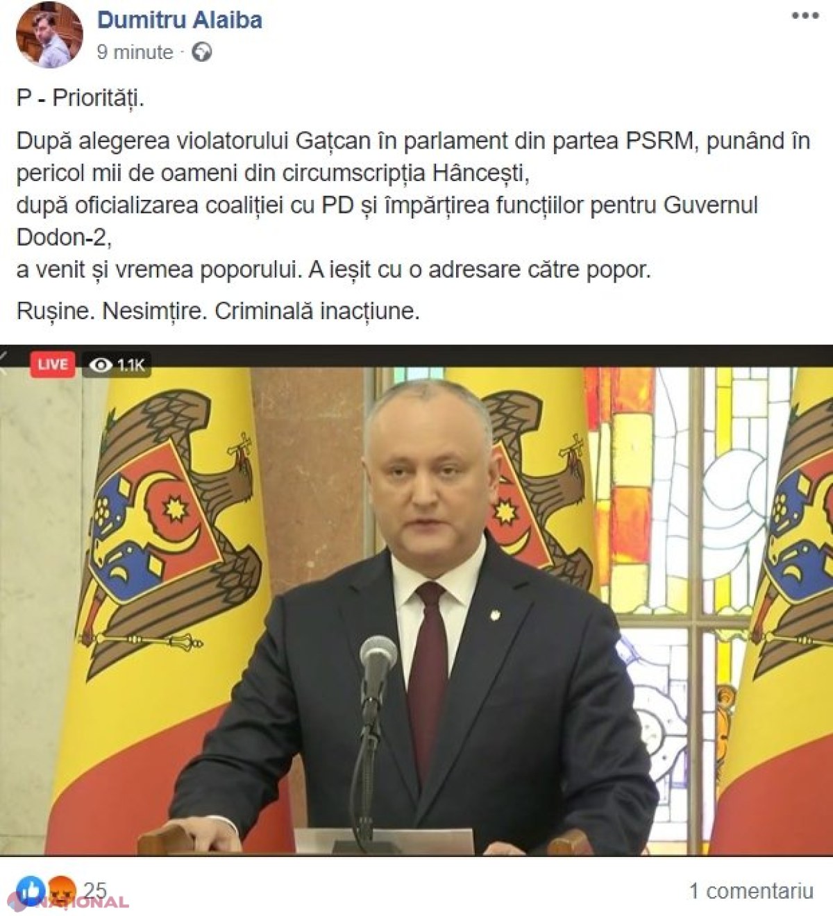 Dodon este DESFIINȚAT, după adresarea sa către popor: „După alegerea violatorului Gațcan în Parlament, punând în pericol mii de oameni, după împărțirea funcțiilor pentru Guvernul Dodon-2, a venit și vremea POPORULUI”