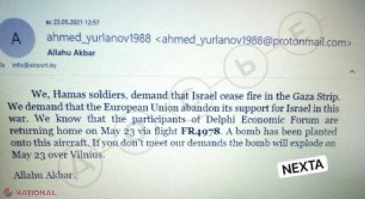 Gafă a KGB-ului? Ameninţarea cu bomba prin e-mail atribuită de Belarus grupării Hamas a fost trimisă după ce deturnarea avionului Ryanair începuse