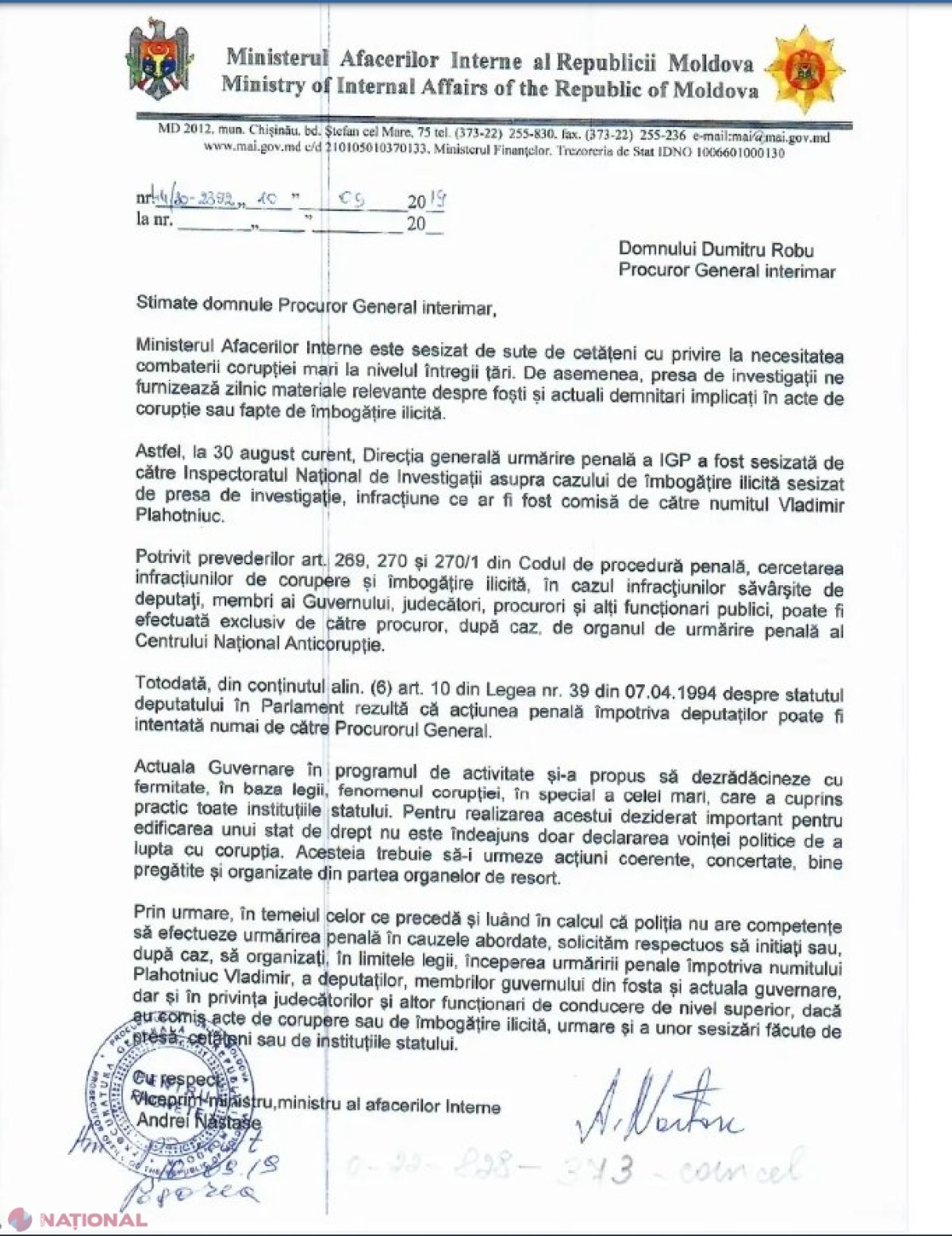 DOC // Ministrul Andrei Năstase solicită procurorului general interimar să înceapă urmărirea penală pe numele lui Plahotniuc, al DEPUTAȚILOR, membrilor Guvernului „din fosta și actuala guvernare”
