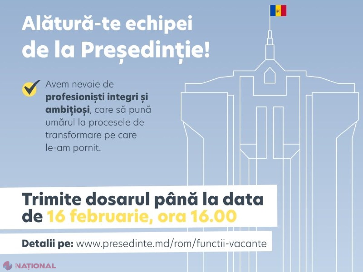 Oportunitate pentru cei care vor să MUNCEASCĂ în aceeași echipă cu Maia Sandu. Președinția a anunțat un CONCURS pentru ocuparea mai multor funcții vacante