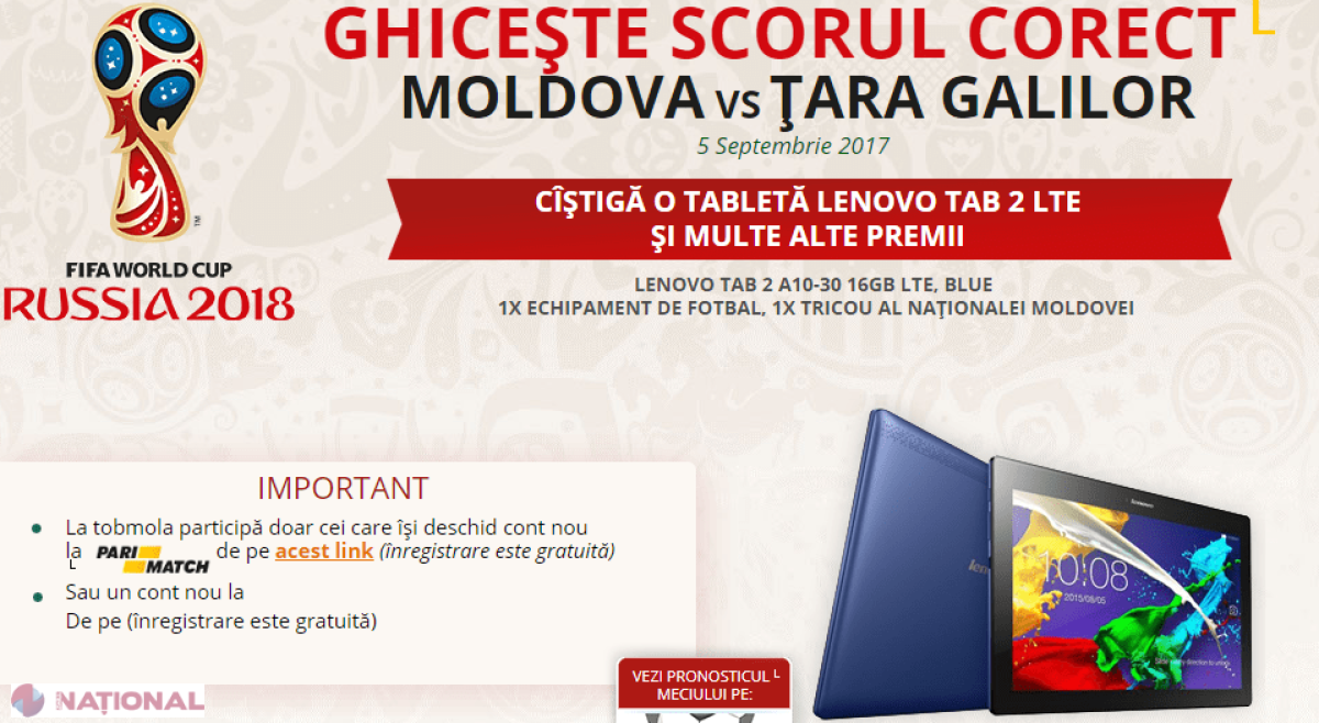 CONCURS: Câștigă o Tabletă Lenovo. Ghicește doar scorul la meciul Moldova vs. Țara Galilor