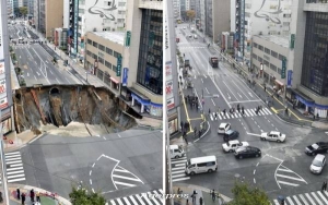 Lecţia de eficienţă japoneză a durat două săptămâni. Gaura uriaşă, care a înghiţit o intersecţie din Fukuoka, a apărut din nou