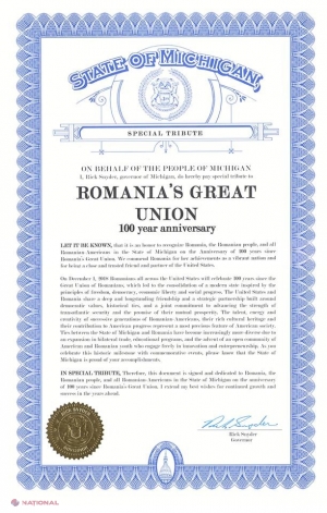 DOC // Michigan, al 7-lea stat din SUA care emite o proclamație de celebrare a 100 de ani de la Marea Unire a românilor