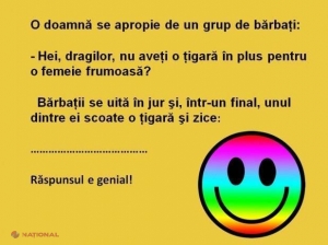Bancul zilei: O doamnă se apropie de un grup de bărbaţi: 