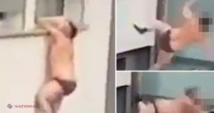 VIDEO // Momentul când un AMANT, posibil surprins de partenerul femeii cu care era, cade de la fereastra unui bloc