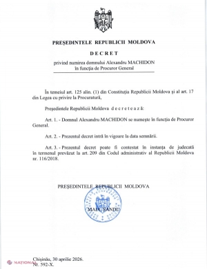 Maia Sandu l-a numit prin decret pe Alexandru Machidon în funcția de Procuror General al Republicii Moldova