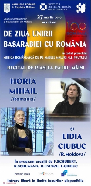 Concert de ziua Unirii Basarabiei cu România. Recital de pian la patru mâini – Horia Mihail din România și Lidia Ciubuc din R. Moldova