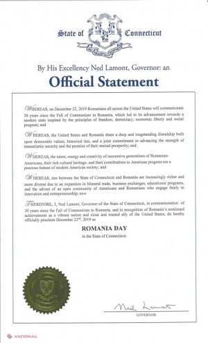 Guvernatorul statului american Connecticut a proclamat ziua de 22 decembrie drept „Ziua României” pentru a celebra 30 de ani de la Revoluția Română din 1989