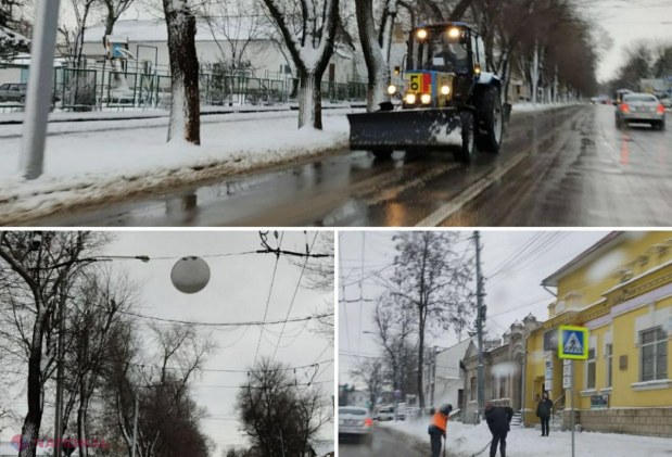 FOTO // Primăria Chișinău a reușit să curețe, noaptea trecută, doar drumurile principale. Astăzi se va interveni pe arterele secundare și pe traseele din suburbii unde circulă transportul public