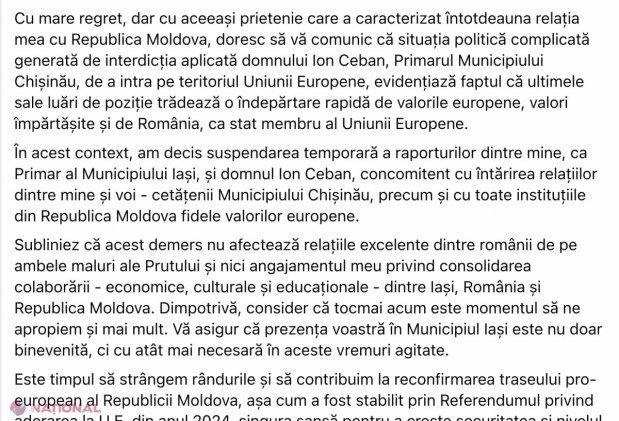 DECIS // Ion Ceban, tot mai IZOLAT de România și UE. Primarul de Iași SUSPENDA temporar raporturile de colaborare cu edilul din Chișinău: „Ultimele sale luări de poziție trădează o îndepărtare rapidă de valorile europene”