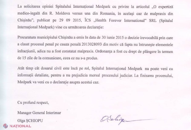 Reacția Spitalului Internațional „Medpark” cu privire la expertiza medico-legală a cazului de malpraxis care vizează familia Berari