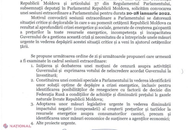 DOC // Partidul „ȘOR” solicită SUPORTUL Blocului Comuniștilor și Socialiștilor pentru convocarea de URGENȚĂ a unei sesiuni extraordinare a Parlamentului. Formațiunea lui Șor insistă pe DEMITEREA Guvernului Gavrilița