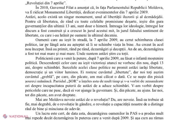 Partidul „ȘOR”, critici la adresa guvernării: „PAS reprezintă gruparea care a furat speranța protestatarilor din 7 aprilie 2009. Are nevoie R. Moldova de o nouă revoluție? Da, are nevoie. Însă ea trebuie să fie o revoluție în gândire…”