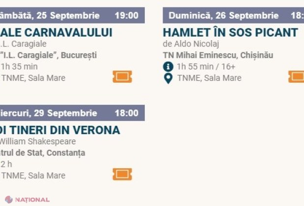 PROGRAM // Opt colective din România vin cu spectacole de zile mari la Chișinău, în cadrul Reuniunii Teatrelor Naționale Românești, care va avea loc în perioada 15 - 29 septembrie curent