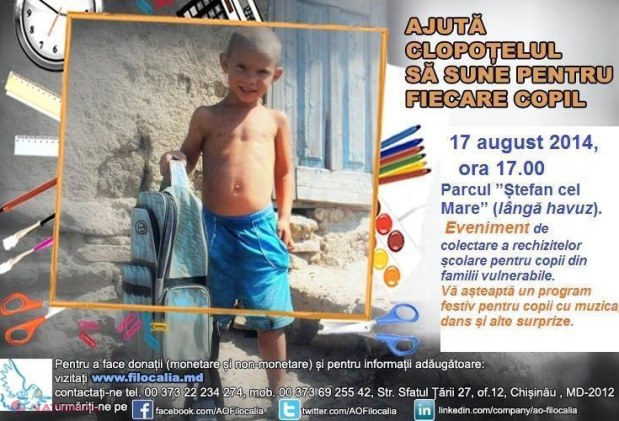 CARITATE // „Ajută clopoţelul să sune pentru fiecare copil”. Adă RECHIZITE școlare pentru copiii nevoiași 