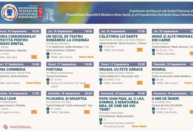 PROGRAM // Opt colective din România vin cu spectacole de zile mari la Chișinău, în cadrul Reuniunii Teatrelor Naționale Românești, care va avea loc în perioada 15 - 29 septembrie curent