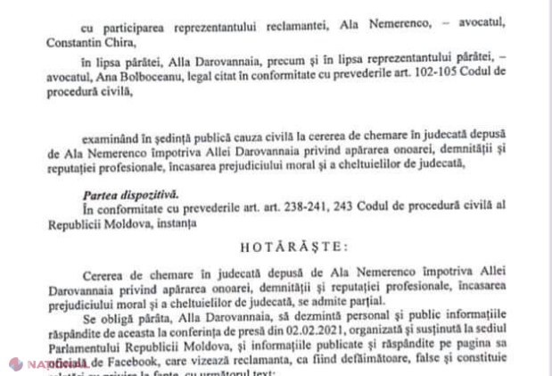DOC // O deputată PSRM a fost obligată de instanţă să DEZMINTĂ public faptul că Ala Nemerenco ar deţine o diplomă falsă. Aceasta trebuie să plătească şi 20 000 de lei pentru FALSURILE răspândite: „Banii vor ajunge la patru ORFANI”