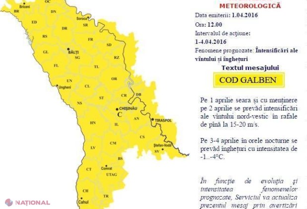 Cod galben de vânt și ÎNGHEȚ. Prognoza meteo pentru următoarele zile