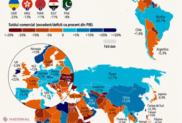 Moldova, printre țările cu cele mai mari deficite comerciale din lume: minus 30,5% din PIB