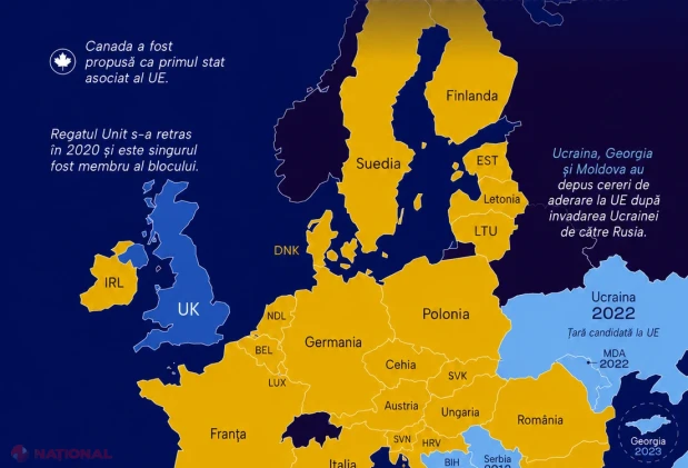 Harta Uniunii Europene în 2026: 27 de state membre, Moldova printre țările candidate și un posibil nou statut pentru Canada