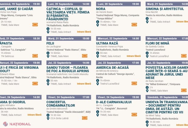 PROGRAM // Opt colective din România vin cu spectacole de zile mari la Chișinău, în cadrul Reuniunii Teatrelor Naționale Românești, care va avea loc în perioada 15 - 29 septembrie curent
