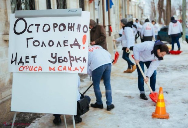 FOTO // Reprezentanții Partidului „Șor” au făcut ordine și curățat zăpada în ograda Maiei Sandu