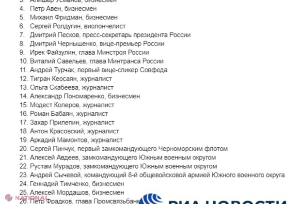 Şase OLIGARHI ruşi, zece jurnalişti şi Dmitri Peskov, „LISTA NEAGRĂ