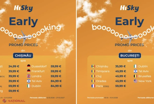OFERTE // Zboruri mai IEFTINE spre Europa și SUA: Promotii de iarnă la HiSky cu bilete începând de la 24,99 euro