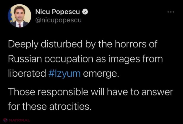 Şeful diplomaţiei de la Chișinău, ORIPILAT de atrocitățile comise de soldații ruşi la Izium. Nicu Popescu: