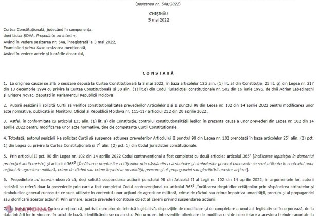 DOC // Curtea Constituțională a RESPINS cererea socialiștilor de suspenda legea care interzice folosirea simbolurilor războiului rus împotriva Ucrainei