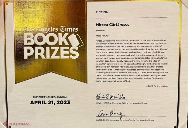 Solenoid de Mircea Cărtărescu, câştigător al Premiului pentru Ficţiune pentru anul 2022 acordat de Los Angeles Times