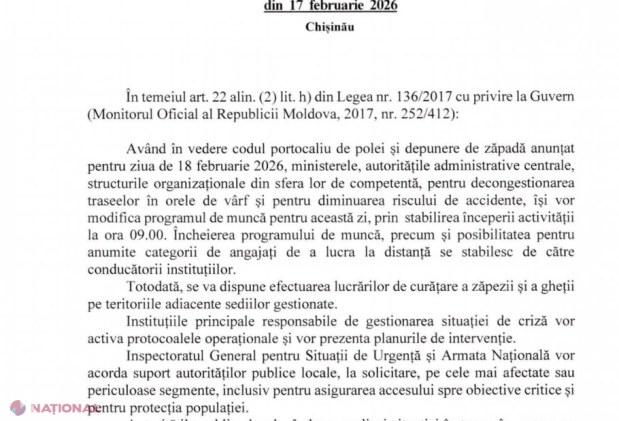 DOC // Guvernul R. Moldova, decizii de ULTIMĂ ORĂ în contextul ninsorilor abundente care sunt așteptate în următoarele 24 de ore. Instituțiile de învățământ ar putea să treacă pe ONLINE, în funcție situației din teren