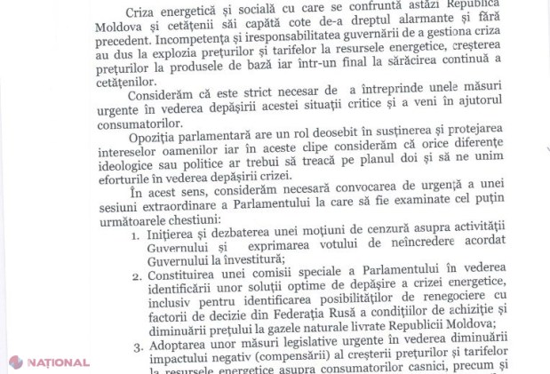 DOC // Partidul „ȘOR” solicită SUPORTUL Blocului Comuniștilor și Socialiștilor pentru convocarea de URGENȚĂ a unei sesiuni extraordinare a Parlamentului. Formațiunea lui Șor insistă pe DEMITEREA Guvernului Gavrilița