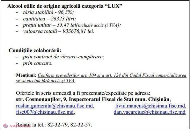 Inspectoratul Fiscal de Stat vinde tone de spirt