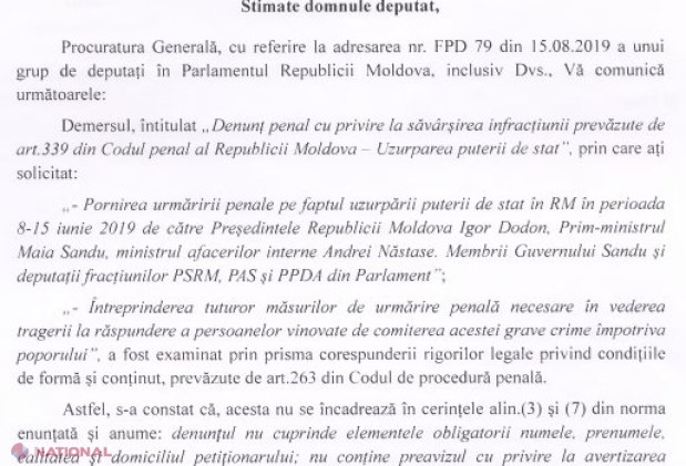 DOC // Procuratura explică de ce a RESPINS denunțul PD privind „uzurpare a puterii de stat de către actuala guvernare”. Ce ar trebui să facă PD pentru ca DENUNȚUL să fie reexaminat
