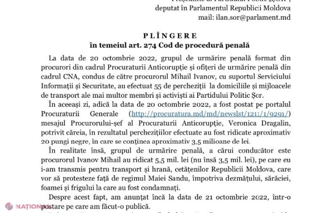 Șor a depus o PLÂNGERE la Procuratura Generală, în care acuză procurorii și ofițerii CNA că ar fi furat „2 000 000 de lei de la gura protestatarilor”